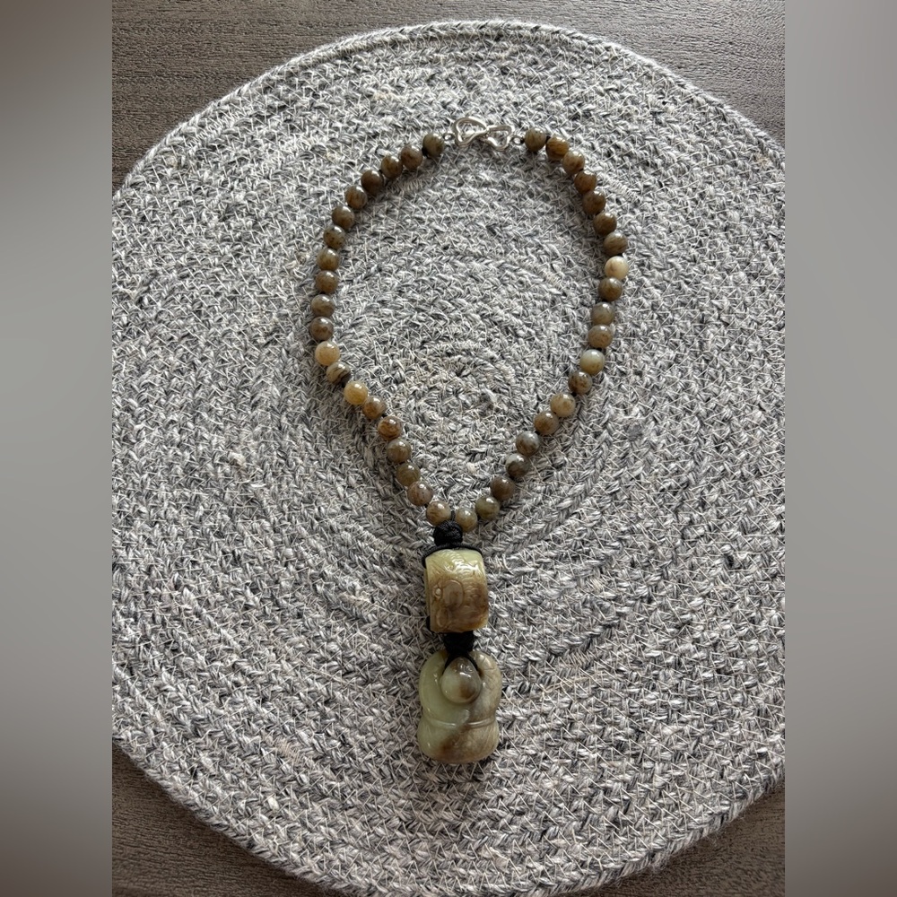 Statement Jade Beaded Necklace with Carved Jade Pendant